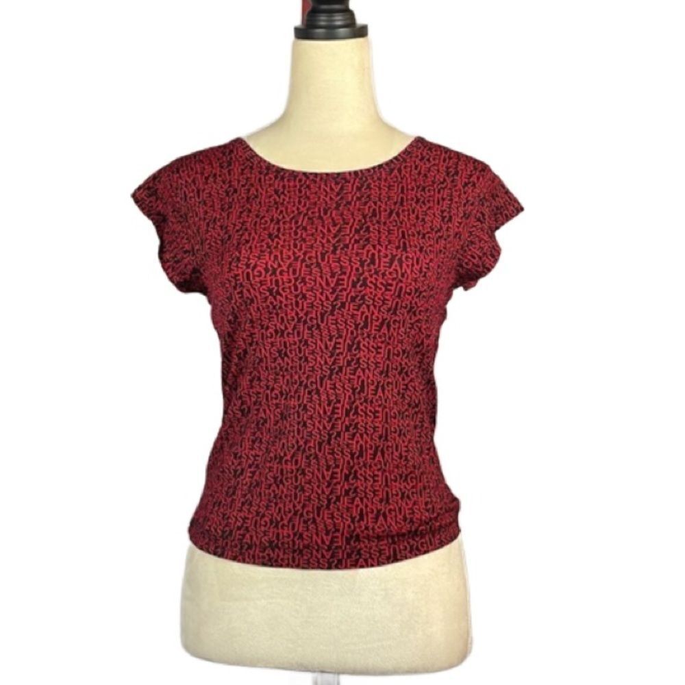 Guess Jeans Black & Red Nylon Logo Short Sleeve Top (Size: Medium)